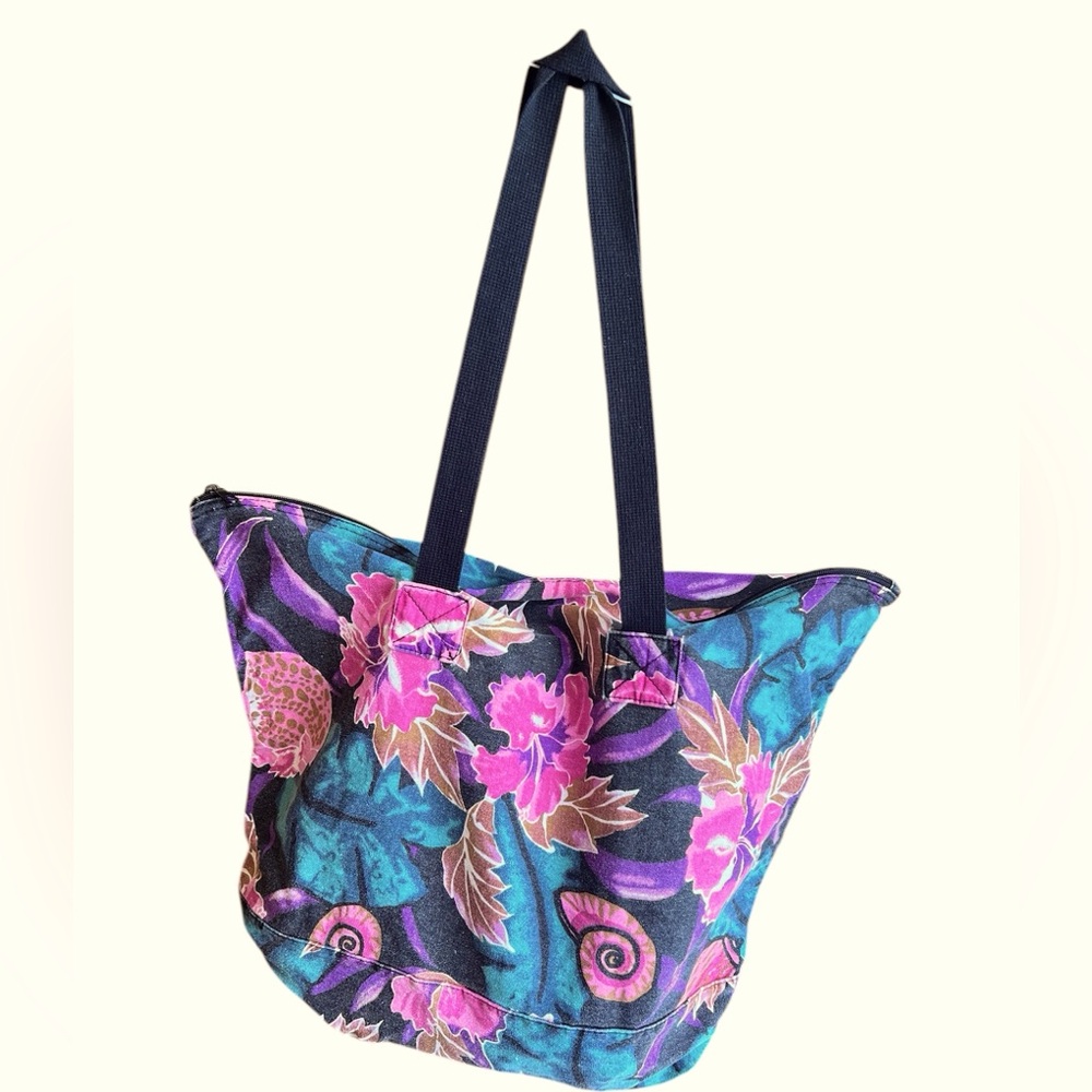Vintage Cotton Black/Pink/Gold/Green/Blue/White Tropical Floral Print Tote Bag.